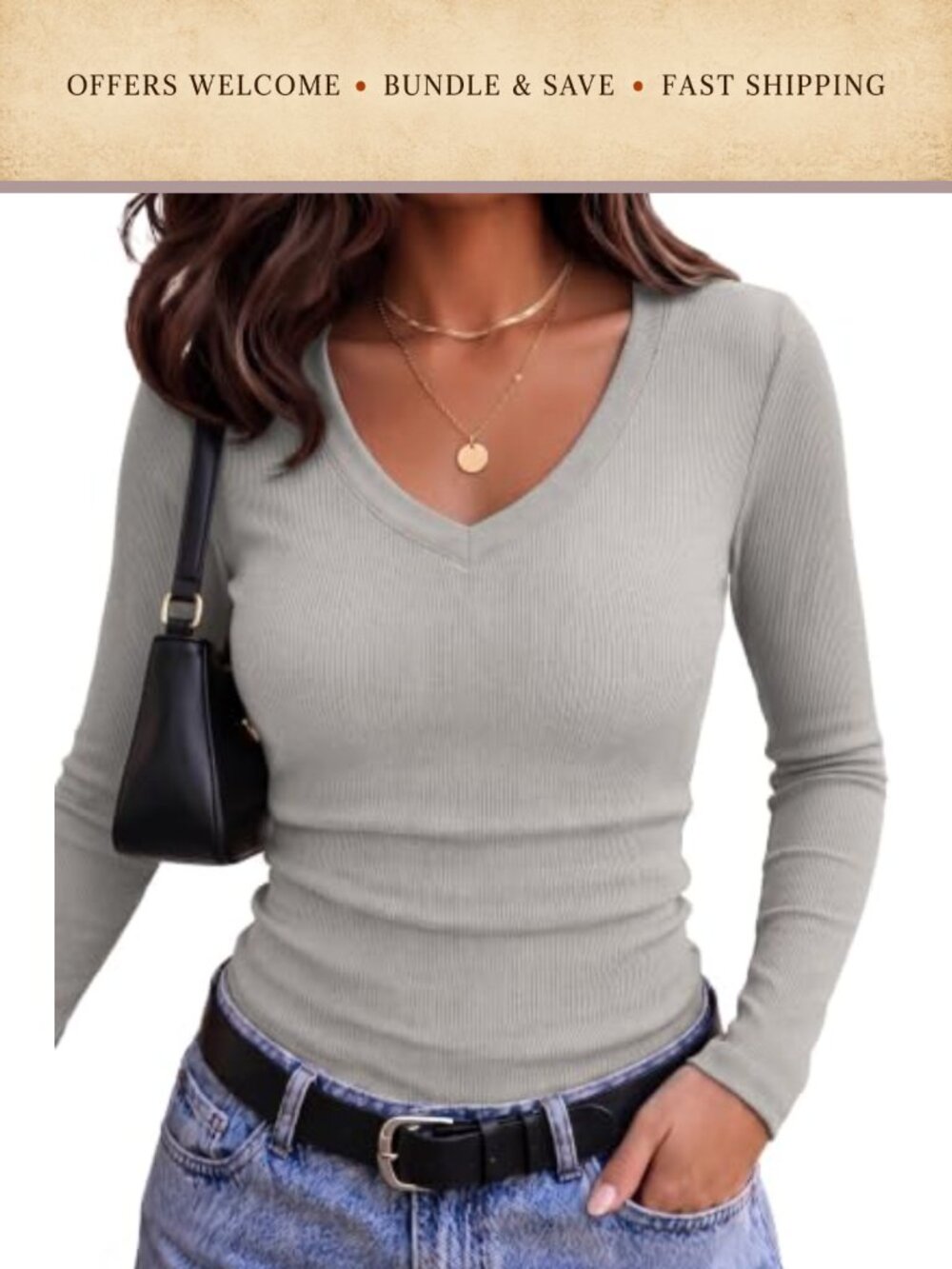 Long Sleeve V Neck Ribbed Slim Fit Viscose Spandex Basic Tee